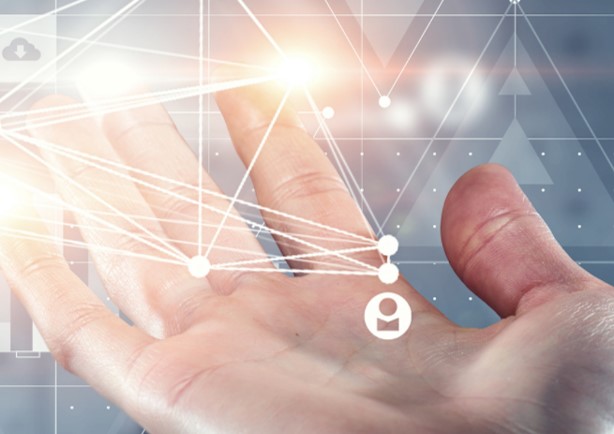 Hand with AI imaging and connections in white