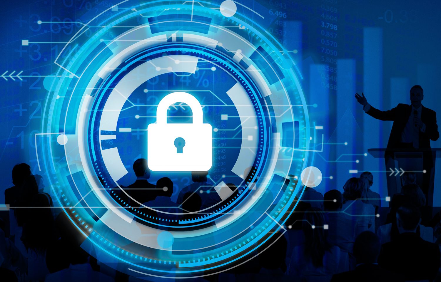 Padlock with data circling, and silhouette of person talking on stage to crowd of people, with blue overlay