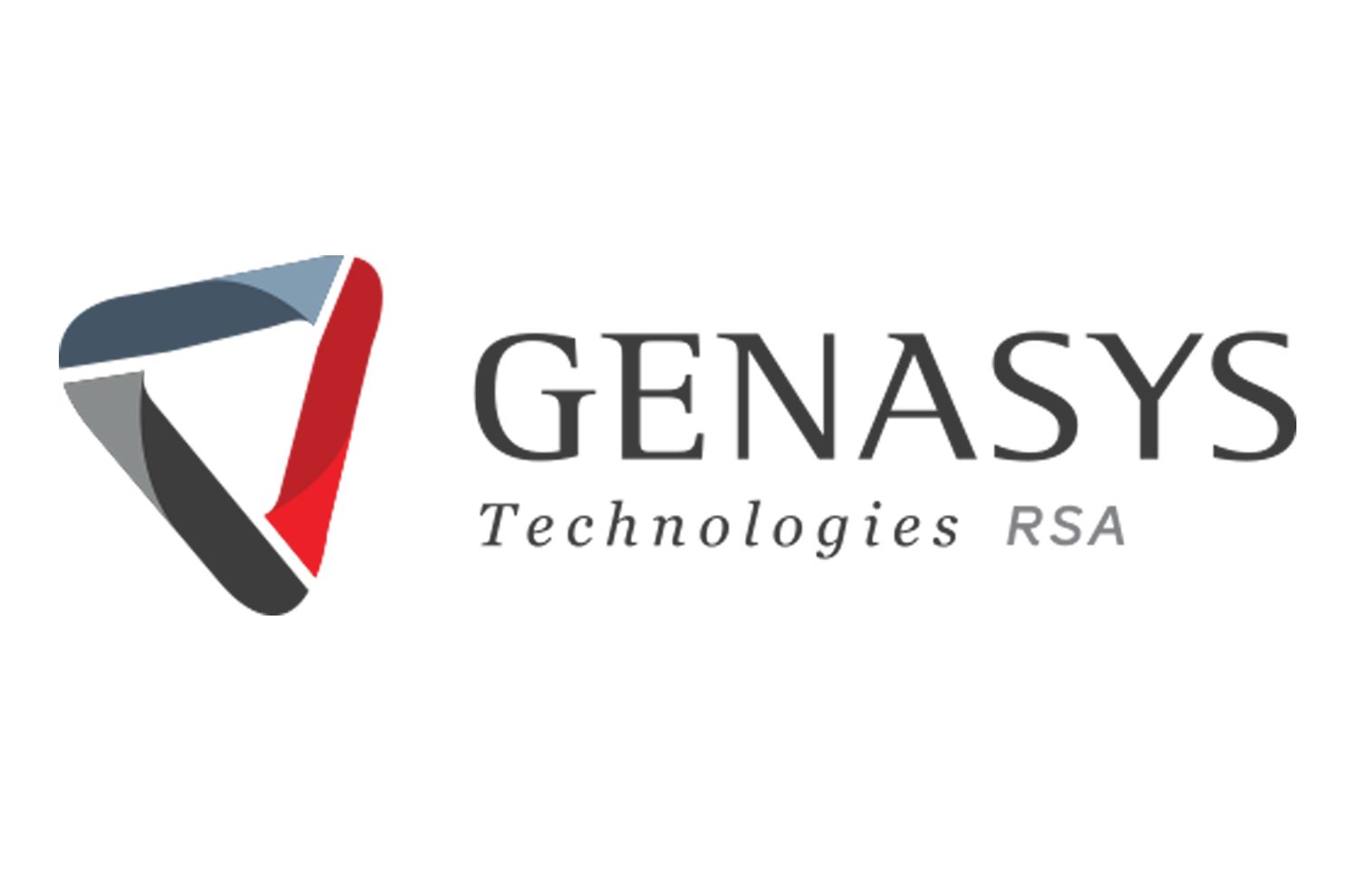 Genasys logo in grey and red with triangle logo