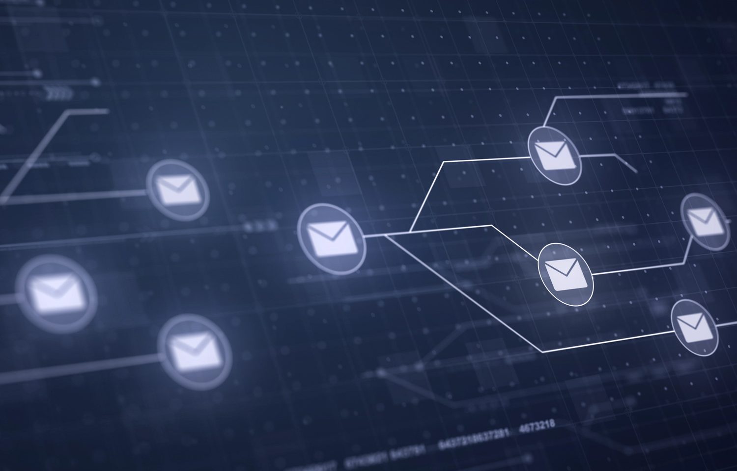 Blue background with email envelopes in white connected with lines