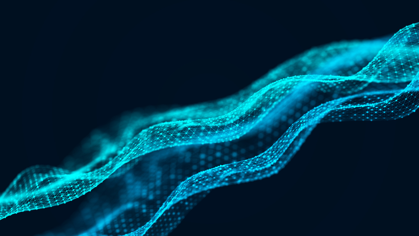 Dark navy background with blue and teal atom particles in wave