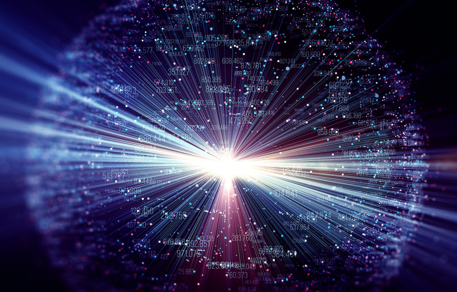 Dark blue and purple background with code and atoms with light shining